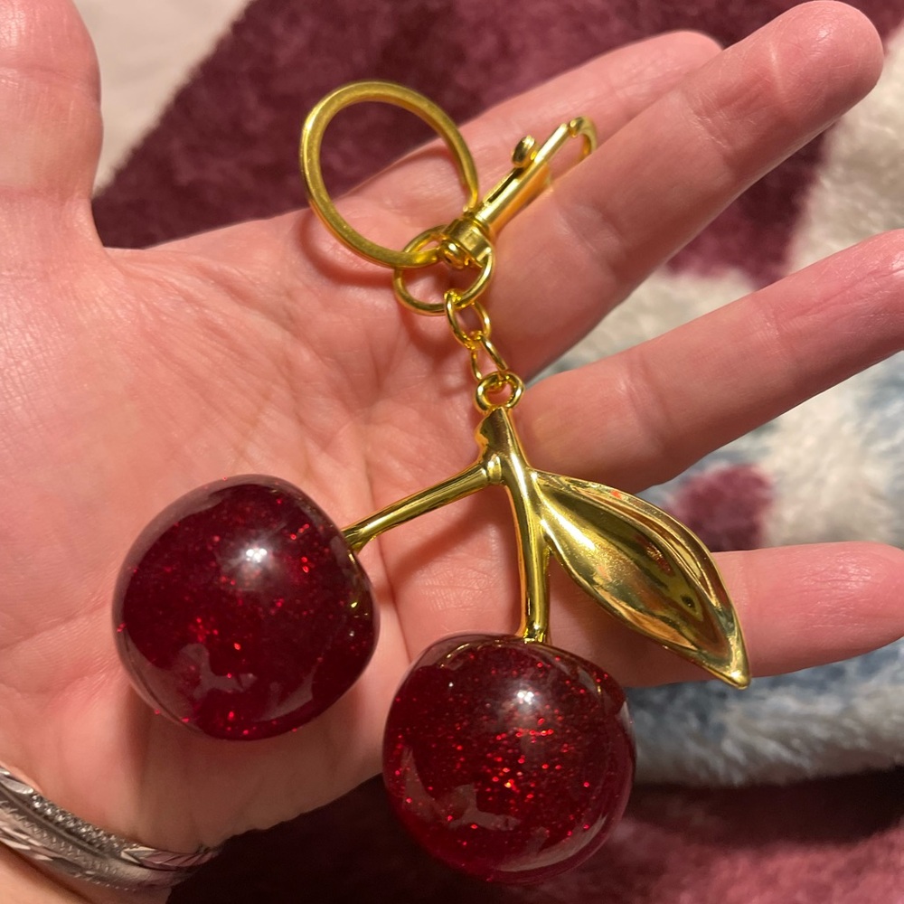 Glittery Cherry Keychain with Gold Details